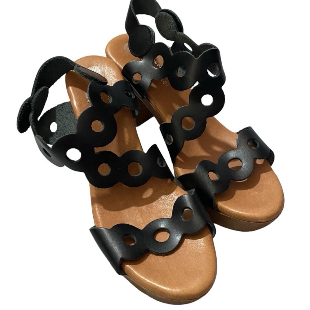 Black Leather Platform Sandals 9 Cutout Wood Heel Boho Artsy Spain - Picture 4 of 12